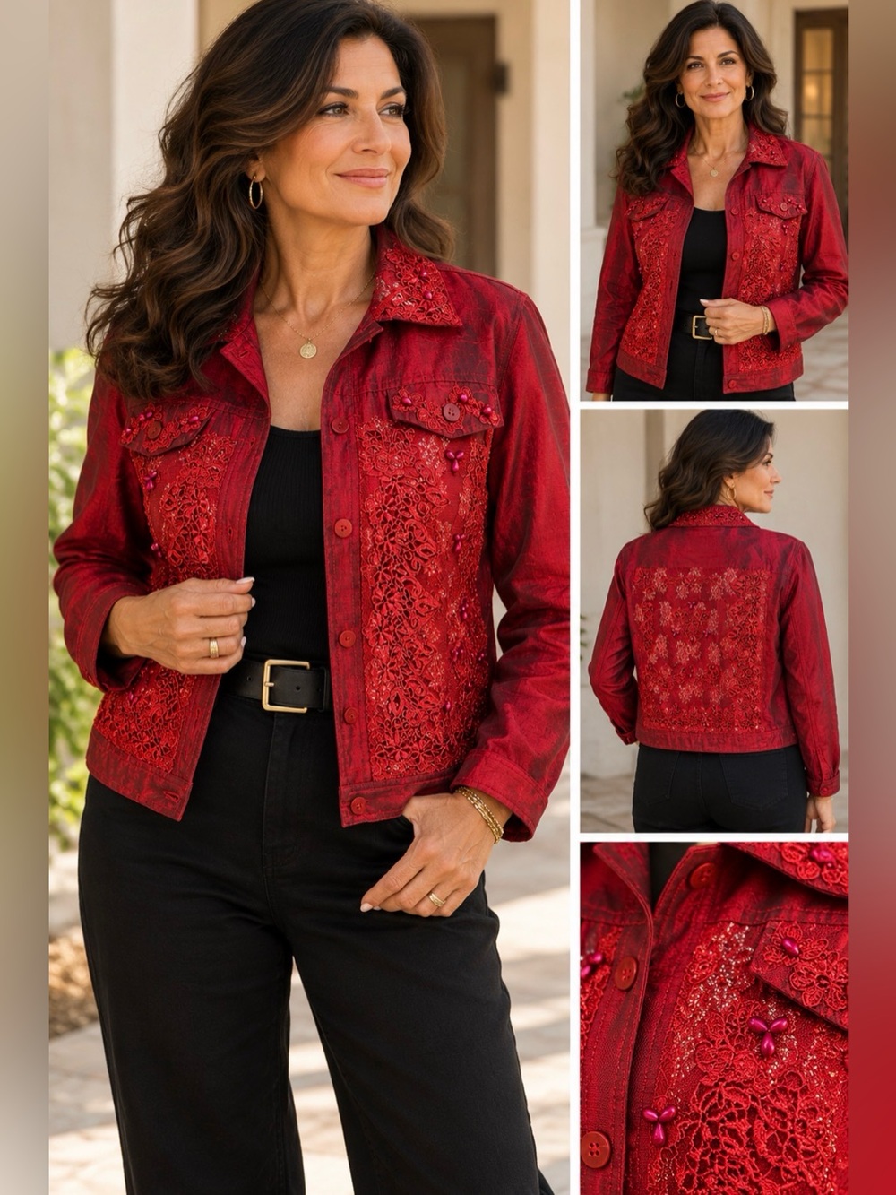 Coldwater Creek Red Silk Blend Embroidered Beaded Jacket Women M Art to Wear